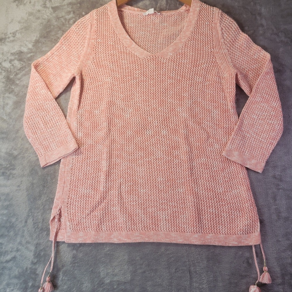 Talbots Womens MP Orange Textured Knit Sweater V Neck Tassel‎ Tie Petite